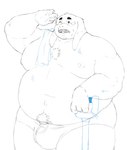 anthro belly big_belly bodily_fluids bulge clothing facial_hair kemono male mature_male moobs mustache navel nipples one_eye_closed overweight overweight_male shovel simple_background solo sweat tools towel towel_on_shoulder underwear momo_92698 lagomorph leporid mammal rabbit 2023 hi_res