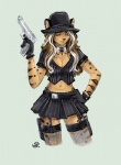 alternative_fashion anthro bottomwear breasts cleavage clothed clothing crossgender female fishnet_clothing garter_straps gloves gun hand_on_hip handgun handwear hat headgear headwear highlights_(coloring) holding_gun holding_object holding_ranged_weapon holding_weapon midriff mobster pinstripes pistol pleated_skirt ranged_weapon skirt solo weapon white_highlights thumbclawz paleo_(thumbclawz) mammal marsupial thylacoleo vombatiform