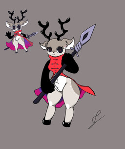 anthro bottomless clothed clothing featureless_crotch female holding_melee_weapon holding_object holding_polearm holding_spear holding_weapon looking_at_viewer melee_weapon polearm simple_background smile solo spear thick_thighs weapon akavaps twitter fan_character deer mammal absurd_res hi_res