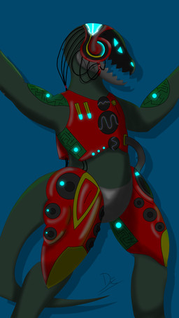 anthro armor biped blue_eyes blue_markings cable circuit_markings clothing cybernetics digitigrade exposed_wiring grabbing_viewer green_body green_scales leg_armor light machine male markings metal_jaw open_mouth oscilloscope prosthetic protogen_armor protogen_face protogen_visor protogen_visor_maw red_armor scales screen screen_face simple_background smile solo sound_waves speaker standing streetwear tail teal_markings techwear waveform daetoyin loid_(daetoyin) cyborg lizard protogen reptile scalie 4k 9:16 absurd_res digital_media_(artwork) hi_res shaded signature