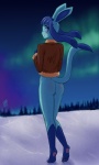 anthro biped blue_eyes blush bottomless butt clothed clothing feet female genitals hindpaw looking_at_viewer paws pokemorph pussy raised_tail solo standing tail badenov nintendo pokemon canid eeveelution generation_4_pokemon glaceon mammal pokemon_(species) 3:5