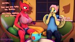 16:9 3d_(artwork) anthro anthrofied big_breasts big_macintosh_(mlp) breasts cleavage clothed clothing color_coded color_coded_text compliment crossgender dialogue digital_media_(artwork) duo english_text equid equine female fluttershy_(mlp) friendship_is_magic ftm_crossgender hasbro hi_res male mammal mtf_crossgender my_little_pony name_drop name_in_dialogue senthaurekmern shirt talking_to_another text topwear vowelless vowelless_vocalization widescreen