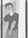 anthro bottomwear clothed clothing fully_clothed looking_back male nervous pants shirt solo t-shirt topwear fuze gabriel_(fuze) alligator alligatorid crocodilian reptile scalie 3:4 greyscale hi_res monochrome