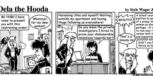 anthro breasts chair clothed clothed_female clothed_male clothing computer dialogue duo electronics envelope female fur furniture hair male sitting text style_wager dela_the_hooda mr._hrak ms._aili domestic_cat felid feline felis goblin humanoid mammal 2002 comic english_text greyscale monochrome
