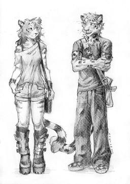 anthro boots bottomwear clothed clothing crossed_arms duo ear_piercing ear_ring eyelashes facial_spots female female_anthro footwear front_view hair hotpants long_hair male male_anthro messy_hair mouth_closed open_mouth pants piercing ring_piercing shirt shoes short_hair shorts simple_background spotted_arms spotted_face standing striped_arms striped_legs t-shirt topwear akatan_art felid mammal 2025 dated hi_res monochrome signature traditional_media_(artwork)