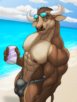 abs anthro areola beach beverage_can biceps body_hair bulge cloud deltoids detailed_bulge forearm_muscles happy_trail looking_at_viewer male muscular muscular_anthro muscular_male nipples obliques pecs quads sand smile solo standing tear_trough trapezius triceps v-cut vein veiny_muscles water zwolf bovid bovine cattle mammal hi_res