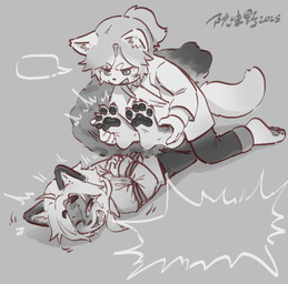 4_toes anthro arms_tied bangs bodily_fluids bottomwear bound clothed clothing coat crying_laughing cute_fangs denim denim_bottomwear denim_clothing duo emanata eyebrows facial_markings fangs feet foot_fetish foot_focus foot_rub fox_ears fox_tail hair hands_behind_back hands_tied head_markings jeans laugh looking_down male markings one_eye_closed pants pawpads paws pinned raised_eyebrow rope shirt smug smug_face speech_bubble tears teeth text tickle_fetish tickling tickling_feet toes topwear young young_anthro young_male teien canid canine canis fox mammal chinese_text full-length_portrait greyscale hi_res monochrome portrait