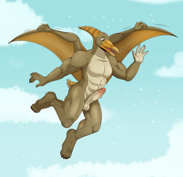 5_fingers 5_toes abs anthro balls beak biceps brown_body cloud erection feet fingers flying genitals green_eyes male membrane_(anatomy) membranous_wings muscular muscular_anthro muscular_male muscular_wings nude sky solo teeth toes toothed_beak wings mishajeans perry_(vedrax) dinosaur prehistoric_species pteranodon pteranodontid pterosaur reptile scalie absurd_res hi_res