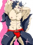 abs anthro biceps big_muscles biped blush clothed clothing fangs flexing fur hands_behind_head jockstrap male muscular muscular_anthro muscular_male nipples pecs pose scar solo standing tail teeth topless underwear unknown_artist sega shining_(sega) shining_force shining_wind rouen_(shining) canid canine canis mammal wolf 3:4 hi_res