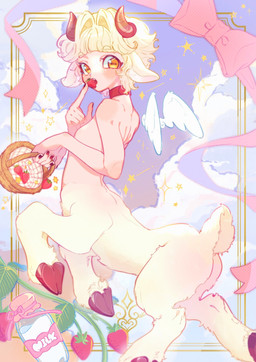 2_horns basket blonde_hair container eating food fruit fur hair holding_basket holding_container holding_object hooves horizontal_pupils horn light_body light_skin nude nude_taur plant pupils quadruped short_hair solo strawberry tail white_body white_fur wings takoya_de bovid bovid_taur caprine caprine_taur goat goat_taur humanoid_taur mammal mammal_taur taur hi_res