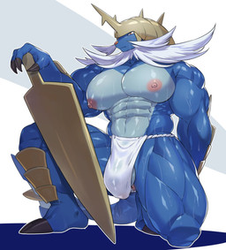 abs anthro anthrofied anus armor asian_clothing balls barazoku beard big_muscles big_pecs blue_body bulge claws clothed clothing east_asian_clothing facial_hair fundoshi genitals headgear helmet holding_object holding_weapon japanese_clothing kneeling male melee_weapon muscular muscular_anthro muscular_arms muscular_male muscular_thighs nipples pecs red_eyes simple_background solo sword tail translucent translucent_clothing underwear underwear_only weapon wet wet_clothing wet_underwear aaassstaro nintendo pokemon generation_5_pokemon mammal pokemon_(species) samurott 2025 digital_drawing_(artwork) digital_media_(artwork) hi_res