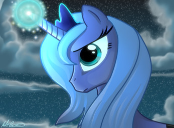 blue_hair cloud detailed_background female feral glowing hair horn long_hair magic night sky solo spell star starry_sky toony apupnamednagi friendship_is_magic hasbro my_little_pony mythology princess_luna_(mlp) equid equine mammal mythological_creature mythological_equine unicorn