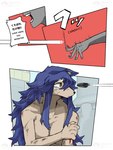 anthro blood blue_hair bodily_fluids breasts canid canine canis comic covering covering_chest covering_self crying dialogue digital_media_(artwork) duo female group hair hi_res human male mammal mythological_canine mythological_creature mythology nude_female purple_hair rekidesu rock tears text throwing_object tsukiko_(rekidesu) were werecanid werecanine werewolf wolf wounded