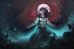 abstract_background anthro black_hair blue_eyes cloak clothed clothing contrast detailed_background fire hair horn light male moon moonlight muscular muscular_anthro muscular_male solo standing tail white_body drunk_ferret mythology dragon mythological_creature mythological_scalie scalie absurd_res hi_res