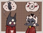 2_horns 3_eyes anthro bared_fangs bell bell_collar biped black_eyes blush clothing collar duo fur grey_body grey_fur hoodie horn male multi_eye red_clothing red_hoodie red_topwear thinking_about_another thought_bubble topwear white_body white_fur gomisins cult_of_the_lamb massive_monster_(studio) lamb_(cult_of_the_lamb) narinder bovid caprine caprine_demon demon goat_demon mammal sheep 2024 4:3