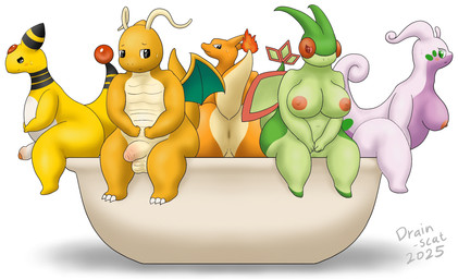 anthro anus areola bathtub black_eyes bodily_fluids breasts brown_eyes butt female genitals green_body green_eyes group humanoid_genitalia humanoid_penis looking_down male male/female male/male multicolored_body nipples nude orange_body penis pink_areola pink_nipples pokemorph purple_body red_eyes simple_background sitting sitting_on_bathtub sweat tail tan_body two_tone_body white_background wings yellow_body drain_scat mythology nintendo pokemon ampharos charizard dragon dragonite flygon generation_1_pokemon generation_2_pokemon generation_3_pokemon generation_6_pokemon goodra mythological_creature mythological_scalie pokemon_(species) scalie hi_res