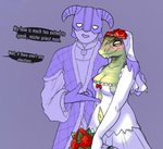 argonian bethesda_game_studios blush breasts cleavage clothed clothing cokesero comic deeja dialogue dress duo english_text female flower futura_condensed_(font) human male male/female mammal microsoft nervous plant scalie simple_background skyrim text the_elder_scrolls wedding_dress