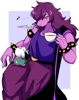 ambiguous_anthro ambiguous_gender anthro armband belt beverage biped bottomwear bracelet chibi claws cloak clothed clothing container cup duo emanata female female_anthro finger_claws floppy_ears freckles fully_clothed fur green_clothing hair hair_over_eye holding_container holding_cup holding_object holding_tea_cup horn humanoid_hands jewelry kemono larger_anthro larger_female long_hair looking_at_another monotone_body monotone_fur monotone_hair musical_note musical_symbol on_lap pants pink_horn pink_scarf purple_body purple_bottomwear purple_claws purple_clothing purple_hair purple_pants purple_shirt purple_topwear scarf shirt simple_background sitting size_difference smaller_ambiguous smaller_anthro smile snout spiked_armband spiked_bracelet spikes standing symbol tail tea tea_cup topwear white_body white_ears white_fur white_tail yellow_sclera mochimochiland deltarune undertale_(series) ralsei susie_(deltarune) bovid caprine darkner goat mammal reptile scalie 2025 colored digital_media_(artwork) hi_res portrait shaded three-quarter_portrait