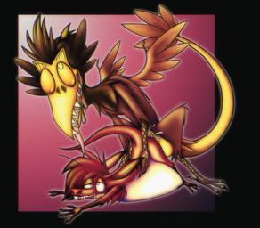 ambiguous_gender anal anal_penetration antennae_(anatomy) anthro ass_up avian_arms avian_feet black_border black_claws bodily_fluids border brown_body claws cum cum_in_ass cum_inflation cum_inside cum_splatter drooling duo eye_roll facial_markings finger_claws from_behind_position genital_fluids gradient_background head_markings inflation lidded_eyes male male/ambiguous markings nude open_mouth open_smile penetration penile penile_penetration penis_in_ass pink_background red_body saliva sex simple_background smile toe_claws tongue tongue_out wing_claws wings death_by_proxy out-of-placers avian mammal ravel yinglet hi_res