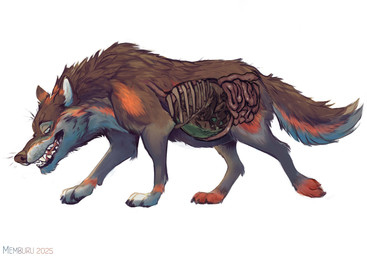 abdominal_bulge ambiguous_gender ambiguous_pred ambiguous_prey black_claws black_nose black_pawpads blue_eyes bodily_fluids brown_body brown_eyebrows brown_fur cheek_tuft claws curled_up duo eyebrows facial_tuft fangs feral feral_pred fluffy fluffy_tail fully_inside fur green_eyes grey_body grey_fur guts inner_ear_fluff internal intestines larger_pred markings multicolored_body multicolored_fur open_mouth oral_vore orange_markings organs partially_submerged pawpads quadruped rib_cage simple_background size_difference stomach_acid tail teeth tongue tuft vore walking white_background white_inner_ear_fluff white_paws memburu canid canine canis mammal wolf hi_res