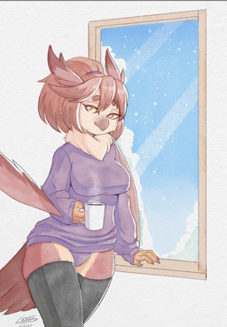 anthro beak bedroom_eyes beverage big_breasts biped black_clothing black_legwear black_thigh_highs breasts brown_body brown_fur brown_hair clothing coffee coffee_mug container cup feathers female fingers fur hair half-closed_eyes hoodie humanoid_hands inside legwear looking_at_viewer medium_hair mug narrowed_eyes non-mammal_breasts panties purple_clothing purple_eyes purple_hoodie purple_panties purple_topwear purple_underwear seductive solo standing tail tail_feathers tan_body tan_fur text thick_thighs thigh_highs topwear underwear wide_hips window vinael avian bird 2025 artist_name colored