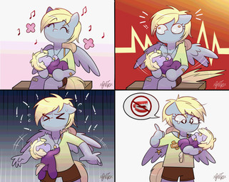 anthro band-aid bandage bodily_fluids breastfeeding chattering_teeth clothing derp_eyes duo exclamation_point female gesture hand_gesture horn jewelry musical_note musical_symbol necklace neonate pain speech_bubble symbol tears thumbs_up wings young xconitox friendship_is_magic hasbro my_little_pony mythology derpy_hooves_(mlp) dinky_hooves_(mlp) equid equine mammal mythological_creature mythological_equine pegasus unicorn comic hi_res