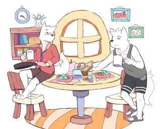 anthro bottomwear bread clothing container cookware cup cutlery duo eyewear food footwear fork frying_pan fur glasses holding_container holding_cup holding_object jewelry kitchen_utensils necklace necktie sandals shirt shoes shorts simple_background tank_top tools topwear white_body white_fur woong canid canine canis domestic_dog mammal 5:4