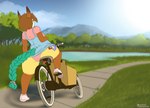 anthro bicycle brown_hair butt camel_toe clothing cutie_mark day female footwear forest grass hair mountain outside pink_clothing pink_underwear plant rear_view road shoes solo tree underwear vehicle water wide_hips halcy0n hasbro my_little_pony jero mammal 2022 digital_media_(artwork) hi_res