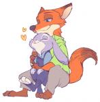 anthro barefoot black_nose clothing duo eyes_closed feet female fur green_eyes grey_body grey_fur heart_symbol hug larger_male long_ears male police police_uniform sitting size_difference smaller_female smile uniform white_body white_fur u-min u-min（うーみん） disney zootopia judy_hopps nick_wilde canid canine fox lagomorph leporid mammal rabbit red_fox true_fox 2016