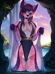 andromorph anthro athletic camel_toe cave clothing fur hair intersex pink_body pink_eyes pink_fur short_hair small_waist smile solo swimwear thick_thighs water conditional_dnp sadbitch unlucky_the_fox canid canine fox mammal hi_res