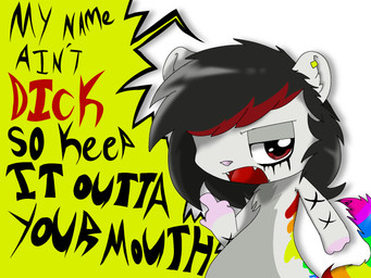 dyed_fur ear_piercing emo_haircut facial_markings facial_piercing feral head_markings labret_piercing lip_piercing lyrics male markings multicolored_markings piercing pink_nose rainbow_markings solo tear_(marking) toony x_marking v3sterp0nk domestic_ferret mammal mustelid musteline true_musteline weasel 4:3 hi_res