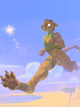 4_toes 5_fingers animal_genitalia anthro arm_markings arm_tuft athletic athletic_anthro athletic_male ball_tuft balls barefoot biped black_markings black_nose blue_sky bottomless bottomless_anthro bottomless_male brown_claws brown_eyes brown_hair brown_markings brown_pawpads brown_spots casual_exposure claws clock clothed clothed_anthro clothed_male clothing cloud countershade_balls countershade_face countershade_fur countershade_genitalia countershade_sheath countershading crop_top cute_fangs day digitigrade dipstick_tail facial_markings fangs feet fingers foot_focus footband fully_sheathed fur fur_markings fur_tuft genitals green_clothing green_crop_top green_shirt green_tank_top green_topwear grey_body grey_countershading grey_fur grey_legband grey_text hair head_markings hindpaw hip_markings humanoid_hands leg_markings legband lens_flare light low-angle_view male male_anthro markings monotone_clothing monotone_crop_top monotone_shirt monotone_tank_top monotone_topwear multicolored_body multicolored_fur open_mouth outside pawpads paws running sheath shirt short_hair shoulder_markings shoulder_tuft sign sky solo spots spotted_body spotted_fur spotted_markings spotted_tail spread_toes sun sunlight tail tail_markings tan_balls tan_body tan_countershading tan_markings tan_sheath tan_tail_tip tan_tuft tank_top teeth text thigh_strap three-quarter_view toe_claws toes topwear tuft watch white_sclera wristwatch yellow_body yellow_fur yellow_tail 7b7a2f cheetah felid feline mammal 2026 3:4 absurd_res digital_media_(artwork) english_description english_text full-length_portrait hi_res portrait