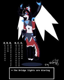 anthro black_body black_fur black_hair female floating fur hair long_hair machine midriff red_body red_fur solo text white_body white_fur wings foony deltarune undertale_(series) ara_(fluff-kevlar) android domestic_cat felid feline felis mammal robot 2022 animated hi_res loop