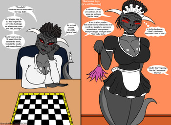 anthro before_and_after big_breasts blush breasts chess chess_board chess_piece claws cleaning_tool clothing dialogue embarrassed feather_duster feathers female female_focus grey_body grey_skin humiliation long_tail looking_at_viewer maid_apron maid_headdress maid_uniform multicolored_body parody red_eyes simple_background solo speech_bubble tail teeth text two_tone_body uniform unprofessional_behavior unskilledude535 bethesda_game_studios microsoft skyrim the_elder_scrolls cindy argonian scalie english_text hi_res signature watermark
