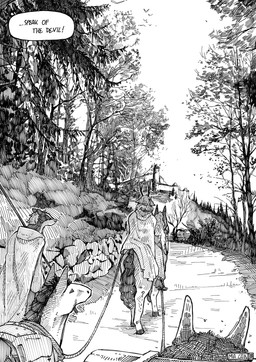 ambiguous_gender anthro castle cloak clothed clothed_ambiguous clothed_anthro clothed_male clothing feral forest fully_clothed fully_clothed_ambiguous fully_clothed_anthro fully_clothed_male group holding_object male medieval outside path plant tree mia_cain cervine deer equid equine horse mammal absurd_res comic hatching_(art) hi_res monochrome shaded