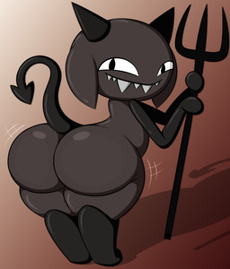 2_horns ambiguous_gender butt closed_smile gradient_background holding_object holding_pitchfork holding_tool horn looking_back motion_lines mouth_closed pitchfork presenting presenting_hindquarters shadow sharp_teeth simple_background smile solo spade_tail tail teeth tools zinzoa mewgenics hot_poker_(mewgenics) demon demon_humanoid humanoid 2026 absurd_res hi_res