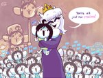 anthro blush clothed clothing crown dialogue fur group hair headgear open_mouth text topwear white_body white_fur katelynntheg undertale undertale_(series) temmie_(undertale) toriel boss_monster_(undertale) bovid canid canine caprine felid feline mammal tem 4:3 english_text