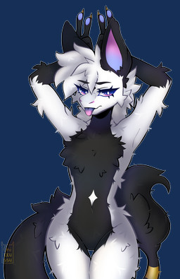 anthro black_body black_fur bodily_fluids female fur raised_arms saliva saliva_on_tongue solo tongue tongue_out white_body white_fur onikkussu star_(zorgoiasyrup) ferrin absurd_res alpha_channel hi_res