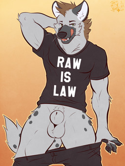 animal_genitalia anthro athletic athletic_male balls black_bottomwear black_clothing black_nose black_pants black_shirt black_t-shirt black_topwear bottomwear bottomwear_down brown_hair cheek_tuft claws clothed clothing facial_tuft fur genitals green_eyes grey_body grey_fur grey_spots hair hand_behind_head inner_ear_fluff licking licking_lips looking_at_viewer male no_underwear open_mouth pants pants_down partially_clothed partially_clothed_male pawpads pubes raised_arm seductive sheath shirt short_hair solo spots t-shirt tail teeth text text_on_clothing text_on_shirt text_on_topwear tongue tongue_out topwear tuft undressing whisker_spots whiskers white_inner_ear_fluff ventkazemaru hyena mammal 2025 dated digital_media_(artwork) english_text hi_res signature