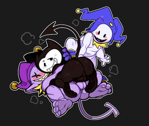 backsack balls balls_touching black_body blush bodily_fluids butt clothing fool's_hat footwear genitals group hat headgear headwear jester looking_back male male/male mostly_nude not_furry sharp_teeth smile spade_tail sweat tail teeth trio white_body submarine_screw atlus bendy_and_the_ink_machine deltarune megami_tensei sega undertale_(series) bendy_the_dancing_demon jack_frost_(megami_tensei) jevil_(deltarune) darkner demon humanoid imp mammal 2021