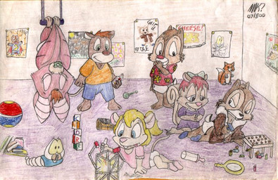 anthro clean_diaper clothed clothing diaper female group male object_in_mouth pacifier pacifier_in_mouth wearing_diaper young young_anthro alex_reynard disney chip_(disney) dale_(disney) bat chipmunk ground_squirrel mammal rodent sciurid