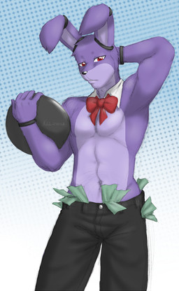 anthro athletic athletic_anthro athletic_male biceps bow_tie fingers fur hand_behind_head looking_at_viewer male money multicolored_body multicolored_fur muscular muscular_anthro muscular_male pecs purple_body purple_fur red_eyes simple_background solo standing two_tone_body two_tone_fur waiter nukde five_nights_at_freddy's scottgames bonnie_(fnaf) lagomorph leporid mammal rabbit 2015 digital_media_(artwork)