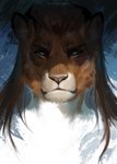 blue_eyes brown_body brown_fur brown_hair front_view fur hair solo juliathedragoncat felid feline mammal 2019 digital_media_(artwork) digital_painting_(artwork) headshot_portrait hi_res painting_(artwork) portrait