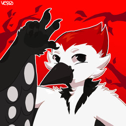 5_fingers anthro beak black_body black_claws black_eyes black_feathers cheek_tuft claws facial_tuft feathers fingers fur gesture hair looking_at_viewer male paws red_background red_body red_feathers red_hair simple_background solo tuft white_body white_feathers vero_(artist) layvan avian bird picid piciform woodpecker 1:1 2025 digital_media_(artwork) hi_res portrait shaded