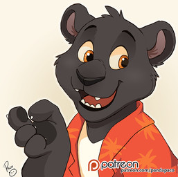 anthro black_nose black_pawpads cheek_tuft clothed clothing facial_tuft fangs front_view fur glistening glistening_eyes grey_body grey_fur head_tuft logo looking_aside male open_clothing open_mouth open_smile open_topwear orange_clothing orange_eyes orange_topwear pawpads smile solo teeth topwear tuft white_clothing white_topwear young young_anthro young_male pandapaco felid mammal pantherine artist_logo bust_portrait portrait signature
