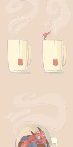 ambiguous_gender beverage blue_eyes duo fangs feral looking_at_viewer red_body red_scales scales tail tea teeth water wings kogotsuchidark mythology dragon mythological_creature mythological_scalie scalie 2015 absurd_res hi_res long_image tall_image