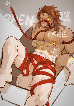 anchor_symbol animal_genitalia anthro blush bound box collar container embarrassed embarrassing_nudity genital_slit genitals leash male muscular muscular_male nipple_piercing nipples nude objectification piercing red_ribbon solo text white_body oned_1zqg reptile scalie snake chinese_text hi_res