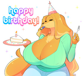 anthro big_breasts birthday breasts cake candle cleavage clothed clothing cutlery dessert female female_anthro food fork happy_birthday hat headgear headwear huge_breasts kitchen_utensils mature_anthro mature_female party_hat simple_background slightly_chubby solo text thick_thighs tools y2k_(graphic_design) theycallhimcake mabel_(cherrikissu) canid canine canis domestic_dog hunting_dog mammal saluki sighthound 2018 colorful_theme digital_media_(artwork) english_text hi_res