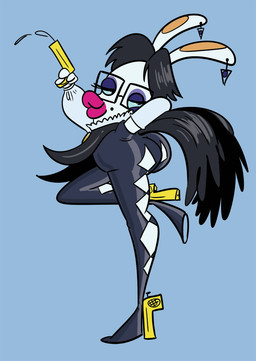 3_fingers anthro bent_leg big_butt black_cape black_clothing black_eyes black_hair black_skinsuit blue_background blue_eyelids blue_sclera butt cape closed_smile clothed clothed_female clothing ear_piercing eyelashes eyeshadow eyewear female female_anthro fingers fur glasses gun hair half-closed_eyes hand_behind_head holding_gun holding_object holding_ranged_weapon holding_weapon light lips long_ears long_legs makeup markings mole_(marking) mouth_closed narrowed_eyes piercing pink_lips pose purple_eyeshadow ranged_weapon rectangular_glasses seductive short_hair simple_background skinsuit smile solo tan_inner_ear thick_lips tight_clothing weapon white_body white_fur beapeabear bayonetta bayonetta_(series) platinumgames raving_rabbids rayman_(series) ubisoft rabbid_bayonetta lagomorph mammal rabbid 2017 cel_shading colored crossover digital_drawing_(artwork) digital_media_(artwork) english_description full-length_portrait lighting portrait shaded