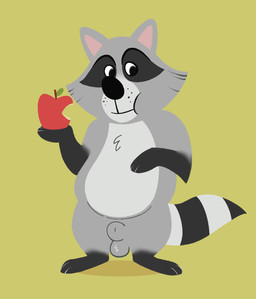 animal_genitalia apple balls black_eyes chest_tuft eating feral food fruit fur genitals grey_body grey_fur male mouth_closed multicolored_body multicolored_fur pink_inner_ear plant sheath simple_background solo standing tail tuft yellow_background catlord ruddiger_(tangled) mammal procyonid raccoon full-length_portrait hi_res portrait